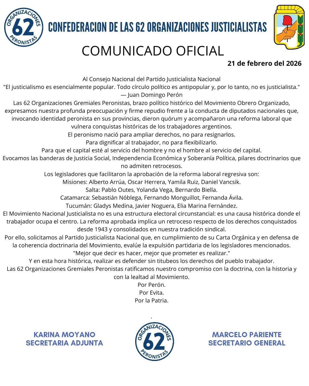 Imagen adicional de Las 62 Organizaciones Justicialistas reclamaron la expulsión de diputados que votaron la reforma laboral